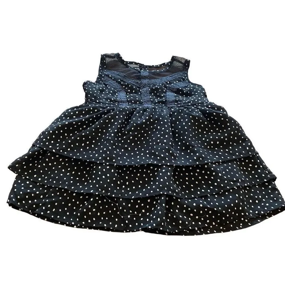 Black White Dotted Dress Layered Skirt Lace Accent Bodice Sleveless Size 2T